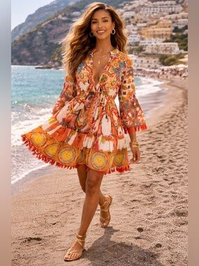 Antica Sartoria by Giacomo C Women's Solar Print Beaded Tunic Boho Mini Dress